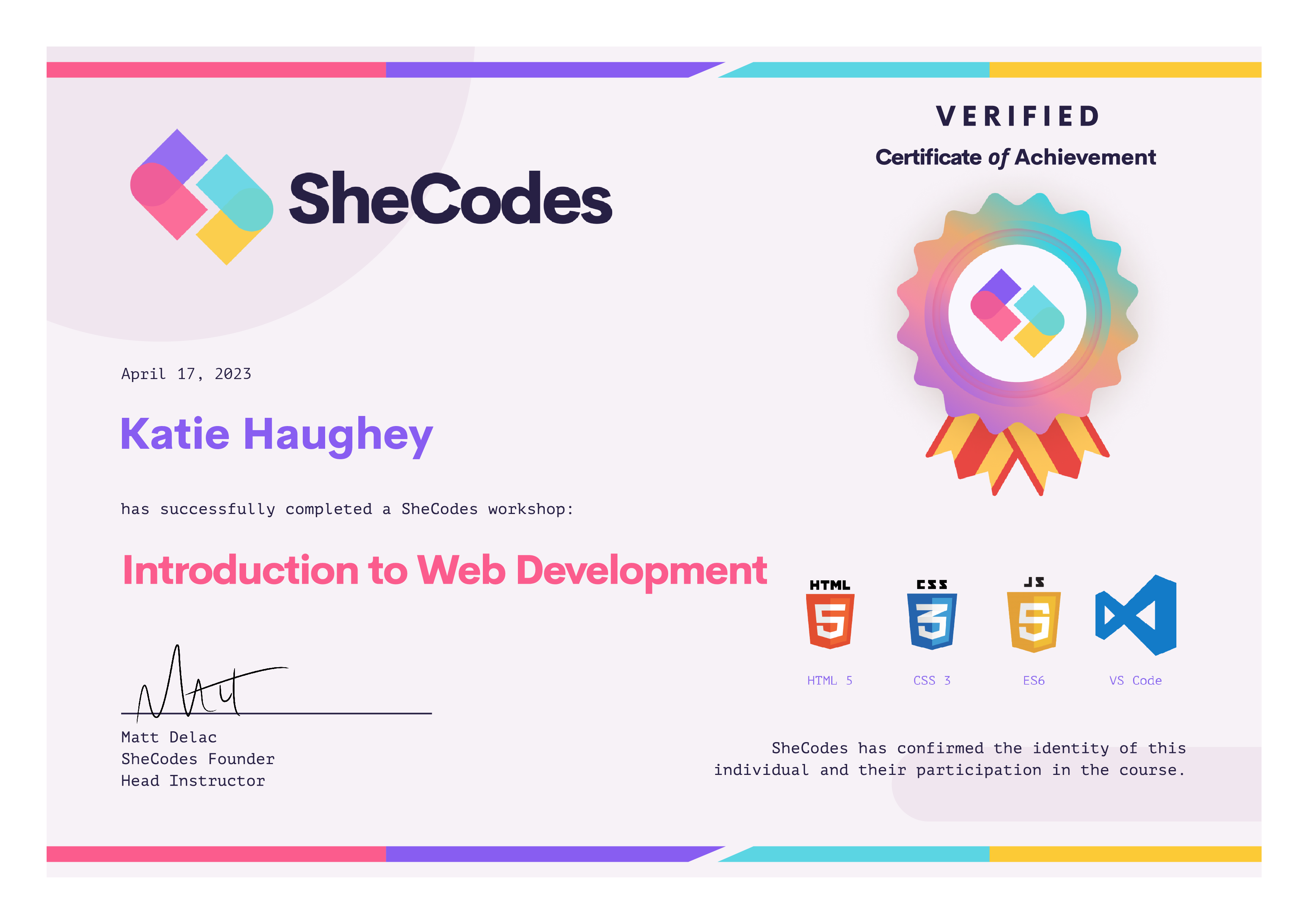 Intro to Web Development certificate - SheCodes Basics Add-On