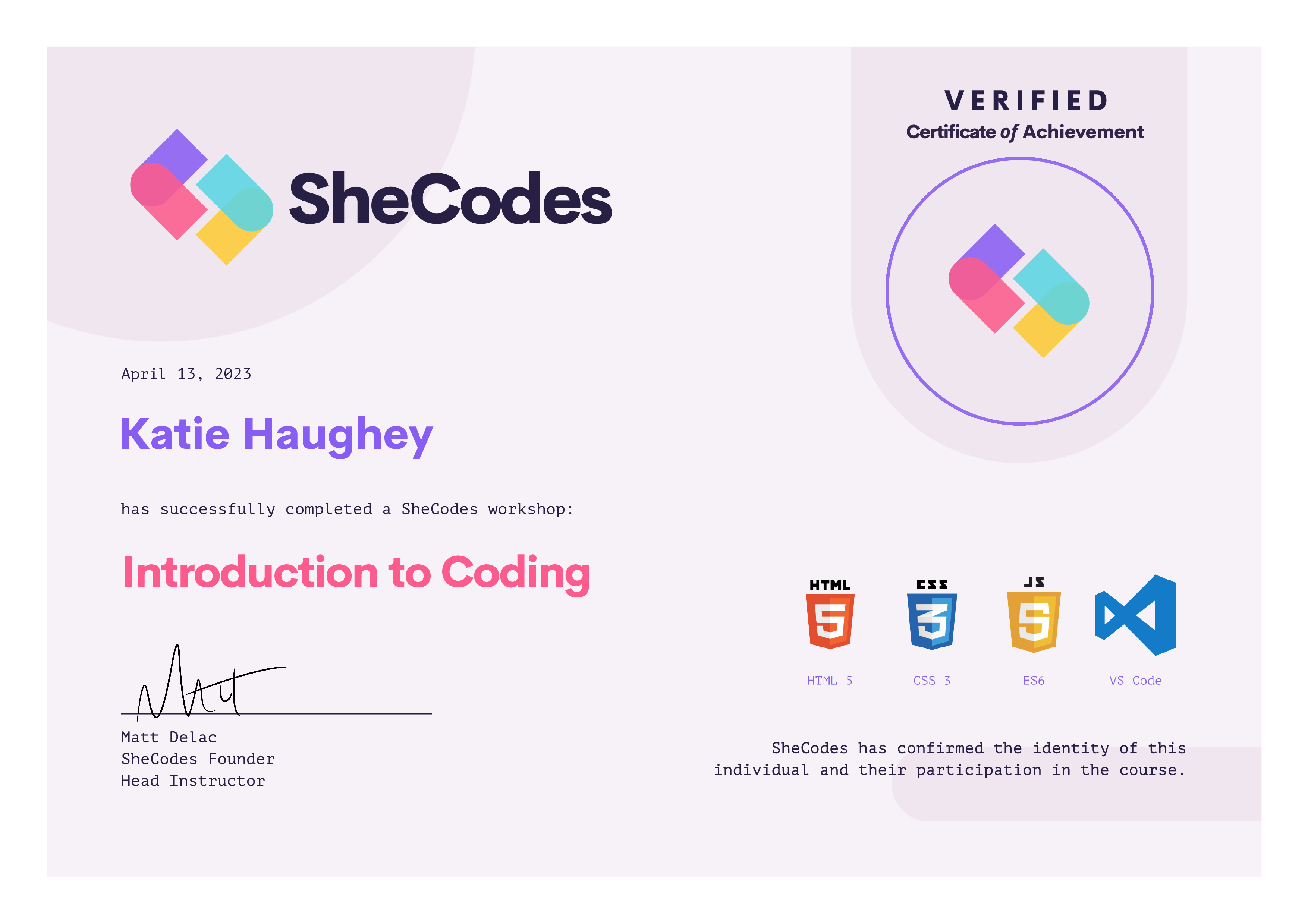 Intro to coding certificate - SheCodes Basics
